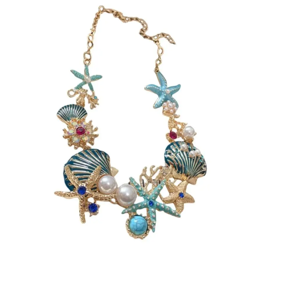 Модное милое ожерелье из ракушек морской звезды, металлическое изысканное ожерелье в морском стиле, серьги со стразами и жемчугом, пляжные украшения для женщин