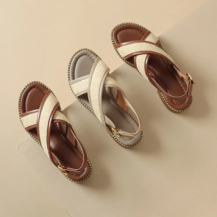 Apricot Cross Strap Women Flats Sandals Brown Casual Outside Footwear Size39 Fashion Beach Lady Sandalias Femininos Zapatos