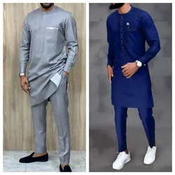 Conjunto africano de 2 piezas para hombre, traje de manga larga, cuello redondo, camisas bordadas, pantalones de chándal informales, trajes de fiesta de boda y Festival