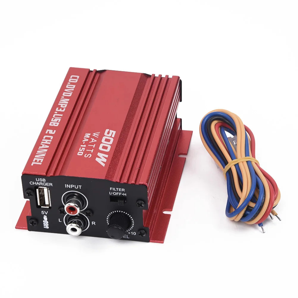 1set Car 12V 500W 2 Channels Mini Hi-Fi Stereo Audio Amp Subwoofer Aluminum Alloy Red L/R Speaker Power LED Indicator