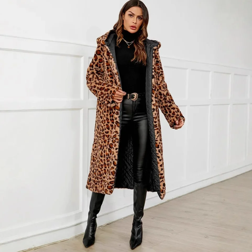 2024 High Street Leopard Print Long Faux Fur Coat Jacket For Women Autumn Winter Fur Coats Fashion Casual Loose Warm Top Jackets