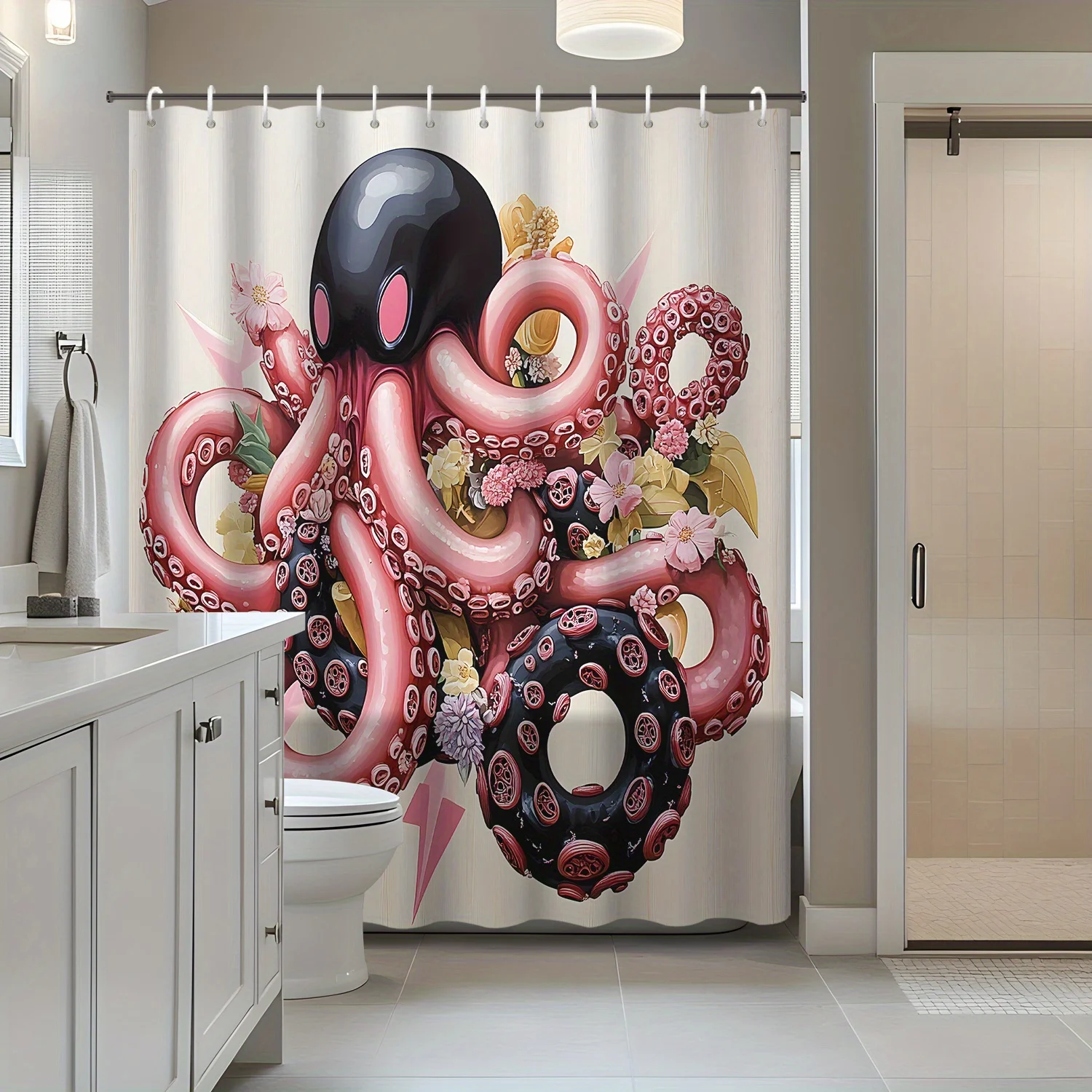 

1 шт., большая занавеска для душа с рисунком осьминога, декоративная печатная ширма для ванны с крючками в комплекте, аксессуар для ванной комнаты