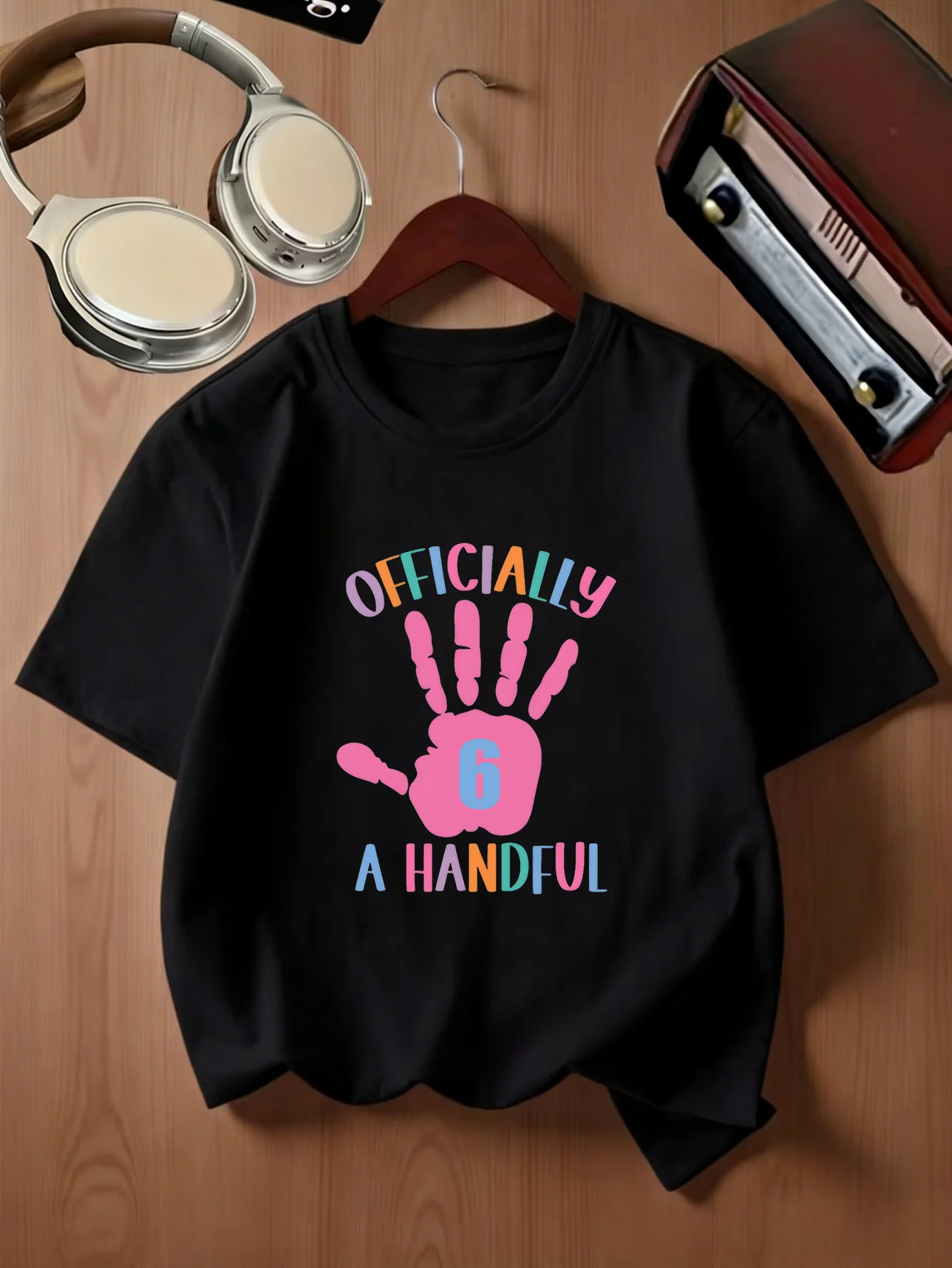 Pink Palm Print Officially A Handful 6th Birthday Text Kids T Shirt Boys Girls Family Matching Summer Crew Neck Casual Tee