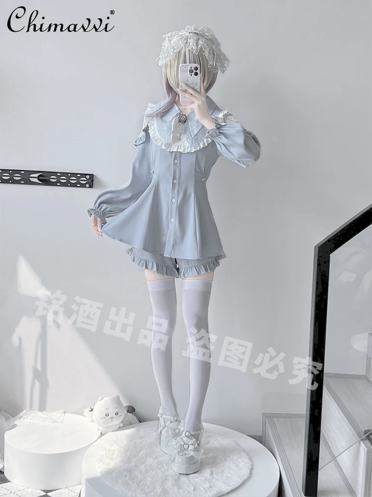 Japanese Mine Y2k Subculture Women's Lace Short-sleeved Long-sleeved Water Color Dress and Shorts 2-piece Set Student Lolita Set