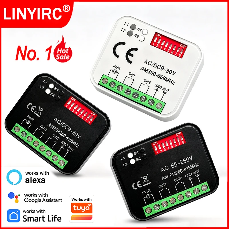 

Works With Tuya Wifi Smart Switch Receiver Universal Garage Door Remote Control Receiver 300MHz-868MHz AC DC 9-30V AC 85-250V