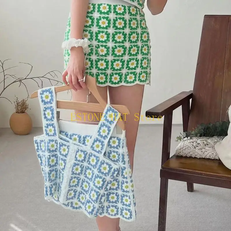 49MF Conjunto piezas Boho Camis Falda Crochet Calado para camisetas sin mangas Ropa calle Mujer G