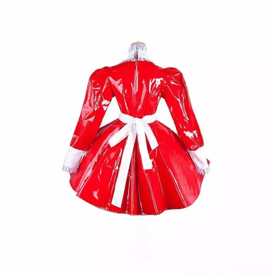 

Sissy red sexy maid high neck cosplay with lace apron dress PVC Halloween lockable Customized