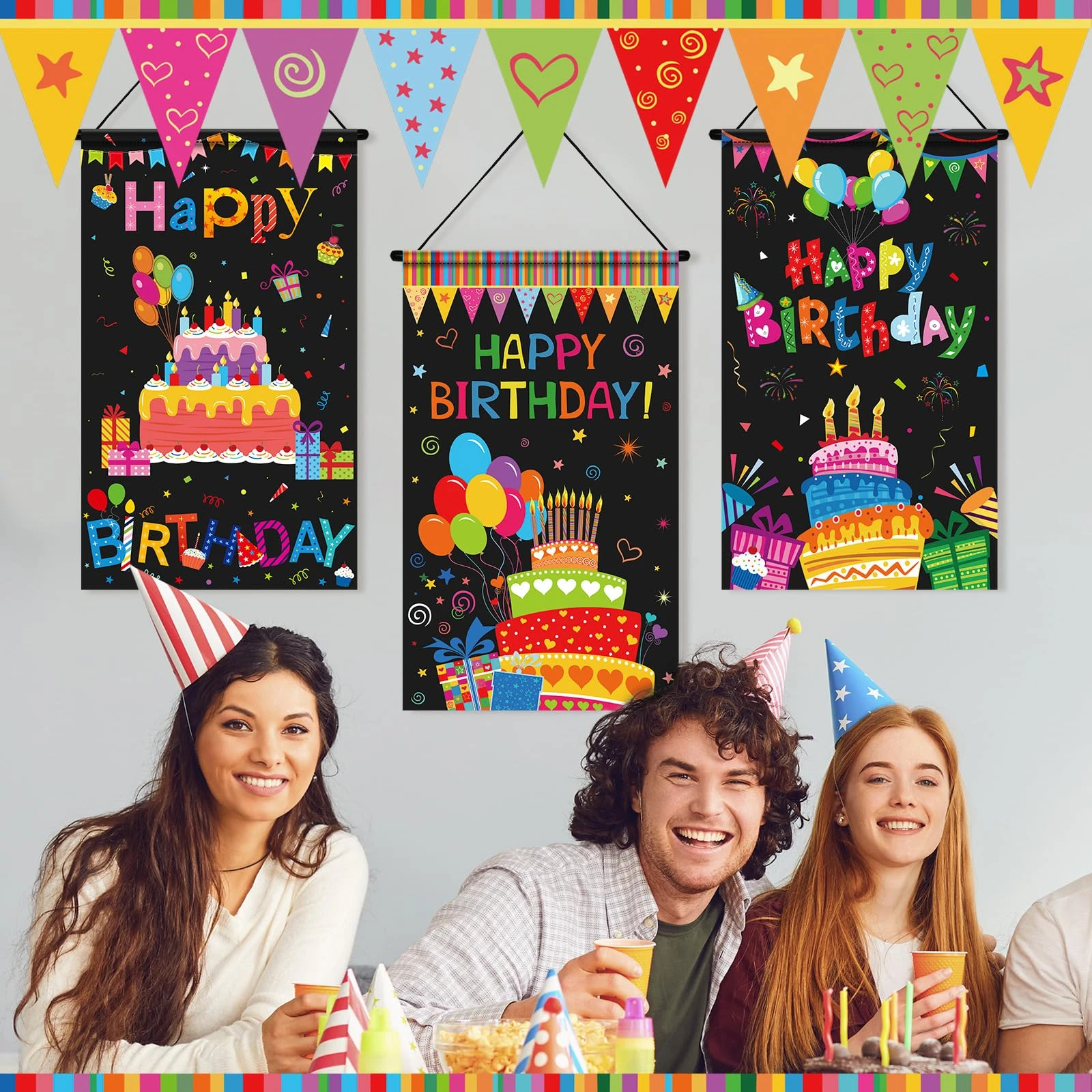 3-teiliges Buntes Happy Birthday Banner Deko-Set für Partys, Türhänger, Hintergrund, Kinder-, Mädchen- und Jungen-Geburtstagsdekoration für den Eingangsbereich