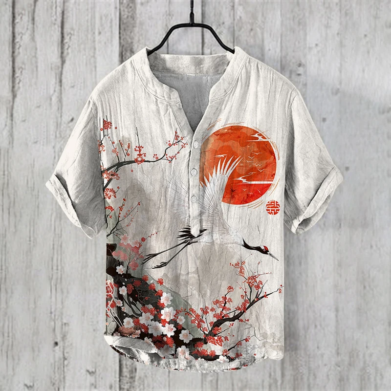 

Fashion Men's Plum Blossoms and Cranes V-Neck Henley Shirt Men's Retro Ink Style Mens Short Sleeve Casual Shirt Tops