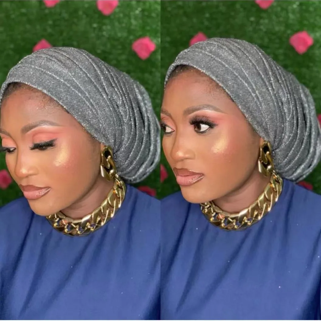 Turbante africano plisado con purpurina para mujer, gorro Hijab para la cabeza, tocado de fiesta nigeriano, tocado de novia automático