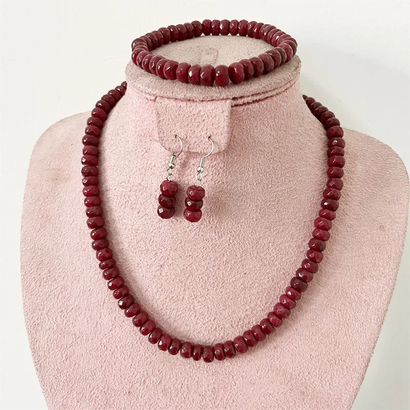 Faceted 5*8MM Deep Red Ruby Natural Stone Jewelry Sets Bead Necklace Earrings Bracelet Chain Choker Simple Design Party Boho