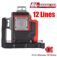 For Milwaukee 18V Battery Laser Level 12 Lines 3D Horizontal & Vertical Green Beams Light Meter Self-Leveling Lasers Tools