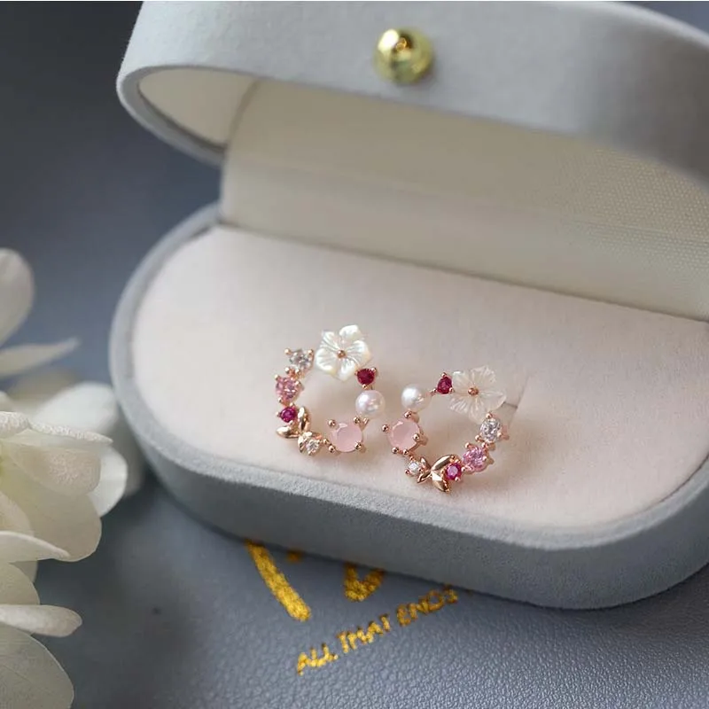 Y2k Pink Crystal Flower Pearl Butterfly Ear Studs Summer New Arrival Korean Fashion Luxury Hoop Earrings For Women Jewelry Gift image 3