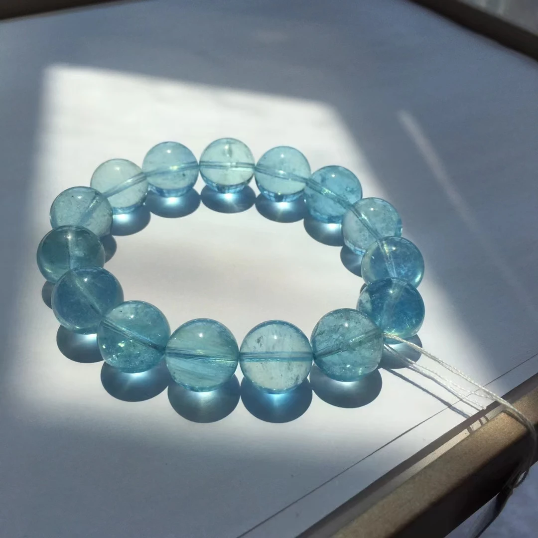 

Natural Blue Aquamarine Clear Beads Bracelet Pendant 13.7-14.7mm Women Men Brazil Stretch Blue Aquamarine Jewelry AAAAA