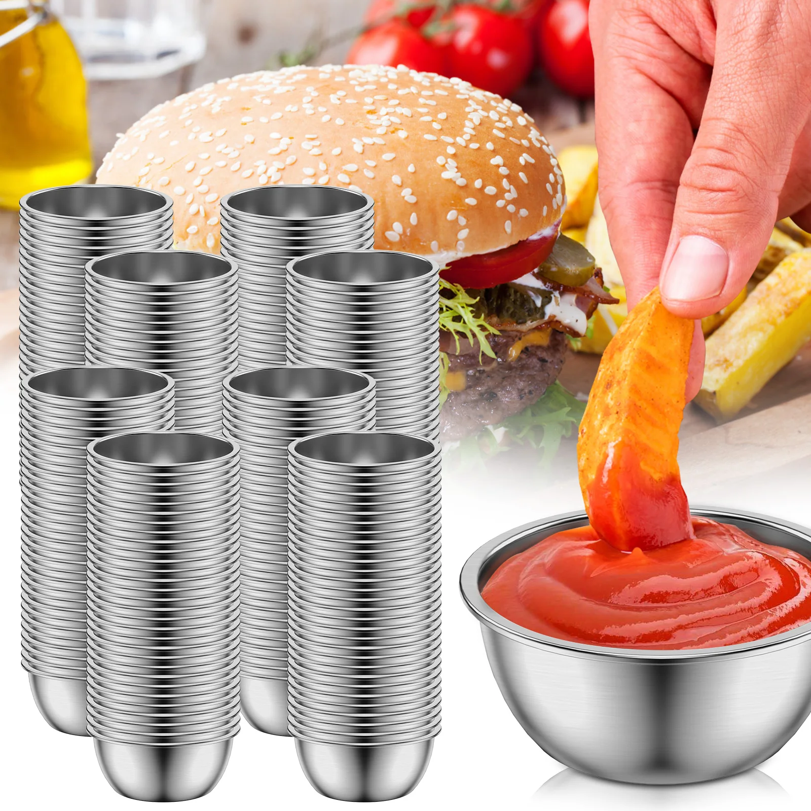 

60/240Pcs Sauce Dipping Bowl 304 Stainless Steel Dipping Cups Round Sauce Dishes 55ml Mini Reusable Seasoning Cups Dipping Cups