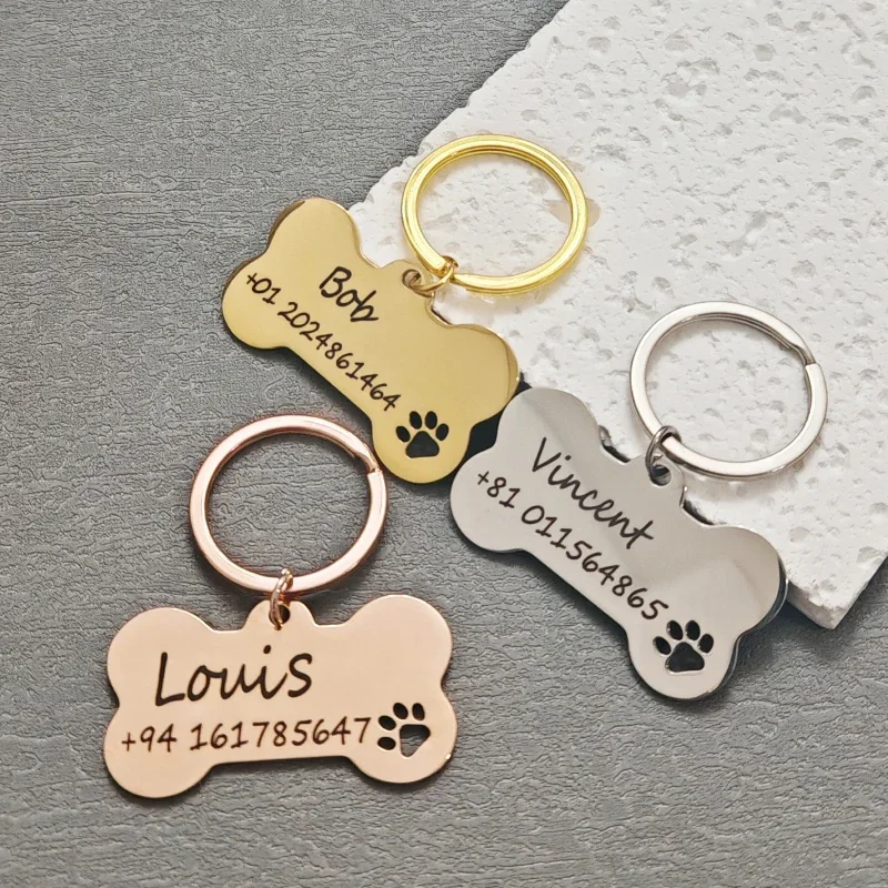 Carved Pet Name Pendant Bone Keychain Personalized Stainless Steel Leather Hollow Dog ID TAG Cat Pendants DIY Women Jewelry Gift - view 2