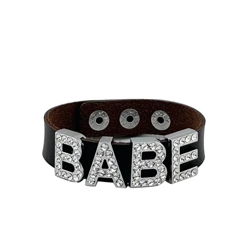 Customized Men Women Unisex Crystal Faux Leather Name Letter Bracelet Punk Harajuku Personal Custom Metal Cuff Jewelry Gift