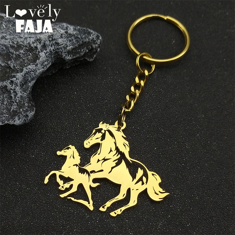 Big Horse With Pony Key Chain for Women Men Stainless Steel Animal Running Horse Hollow Key Ring Jewelry Bag Pendant Gifts