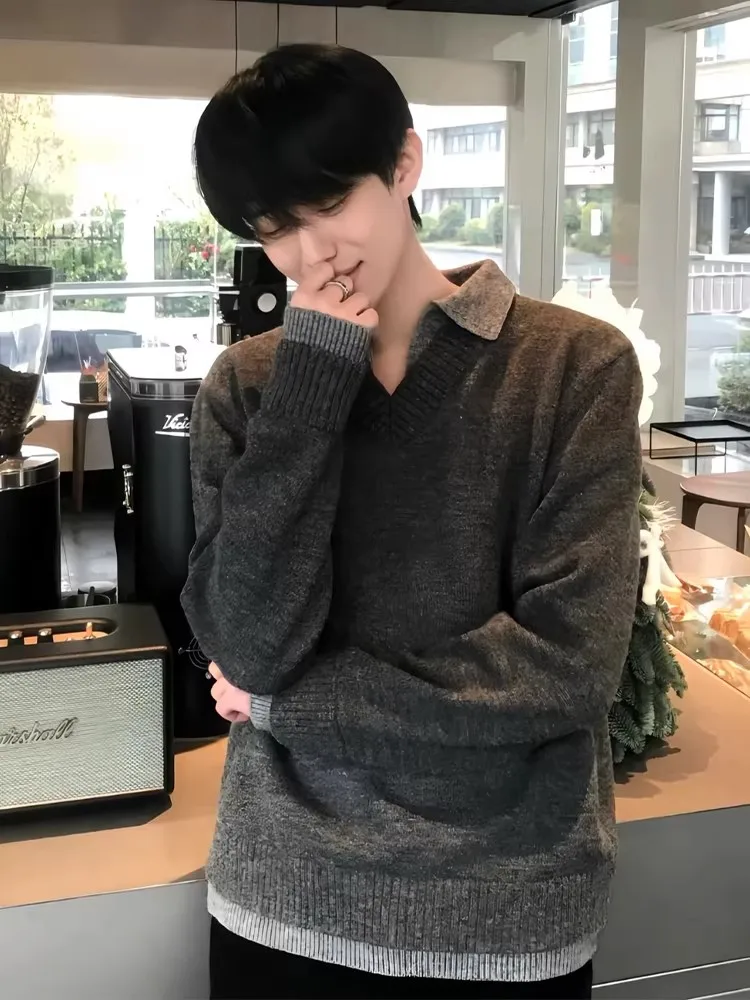 

American Sle V-Ne Knitwear Men's Casual Loose All-Match Top Winter Faion Retro Sle Fake Two-Piece Sweater