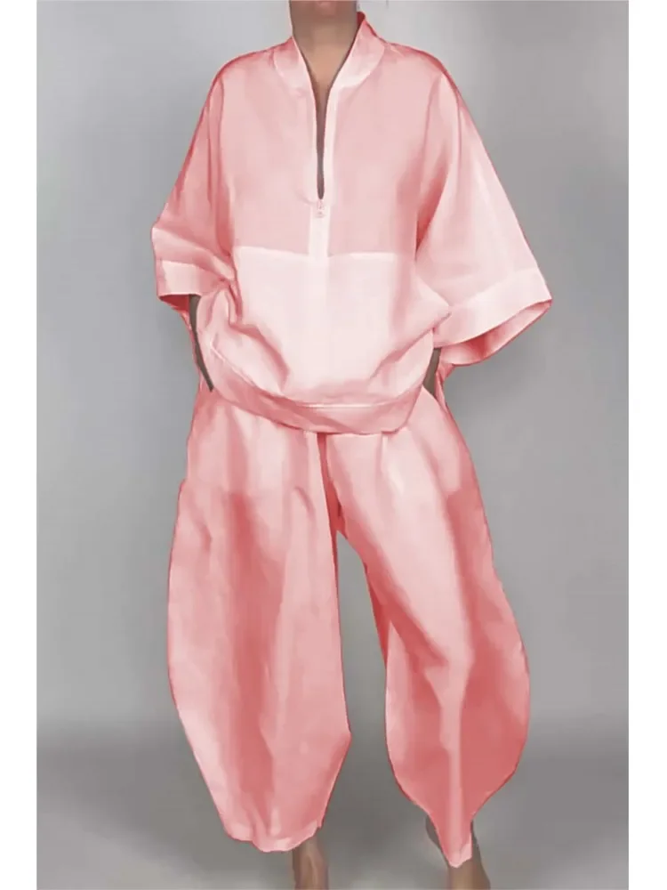 Casual Half-zip Top + Bud Pants 2-piece Set for Women Fashionable Spring Autumn Pocket Solid Color Loose Vintage Suit Female