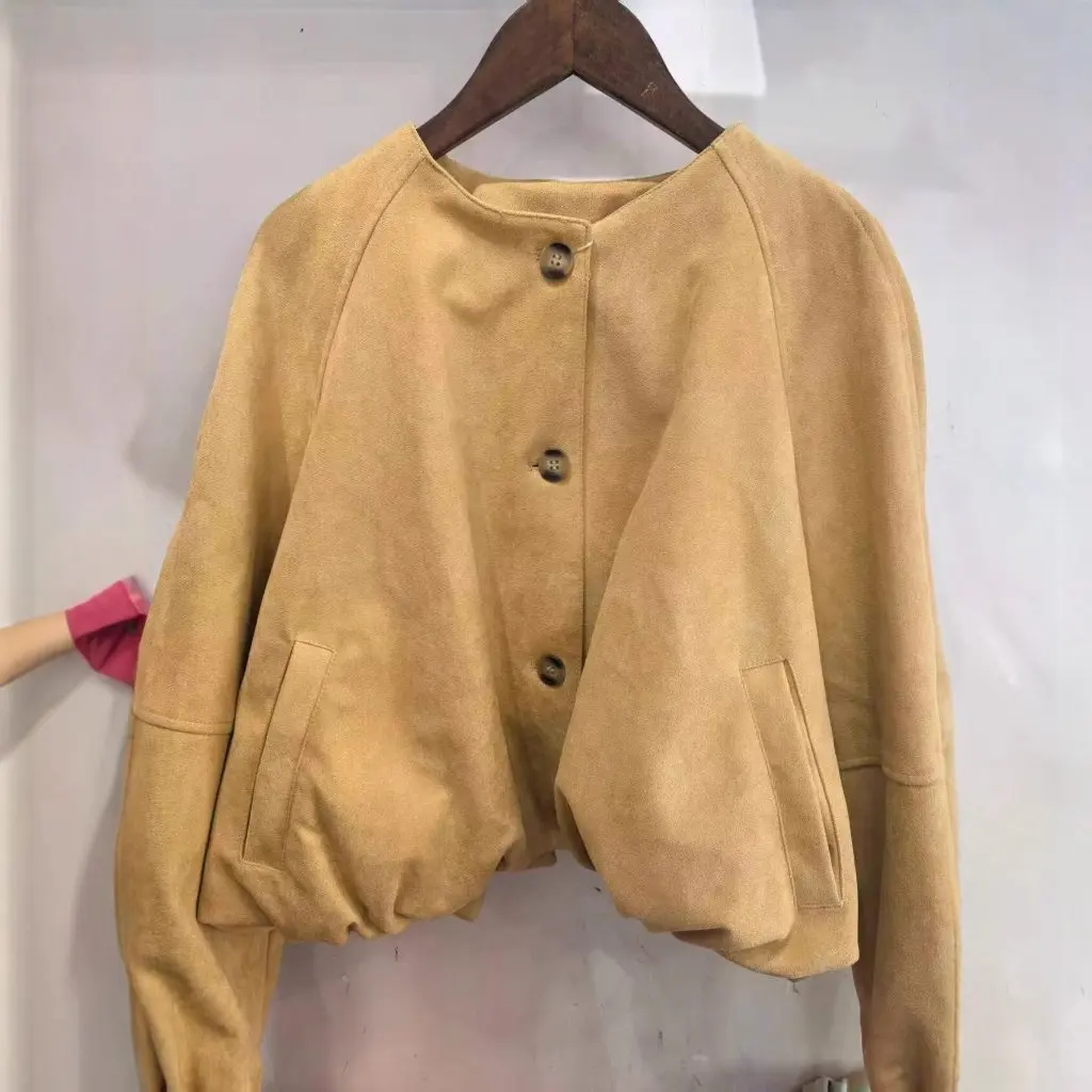 

Fashionable Pure Leather Jacket Women's Round Neck Outerwear Top Trendy Autumn Spring Seasonal Clothing European American Style