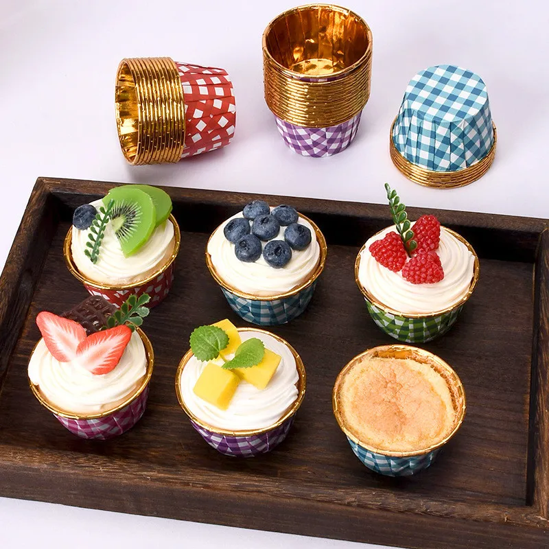 

50Pcs/Set Large Aluminum Foil Wrapper Paper Lattice Printed Gold Cupcake Liner Baking Muffin Cups Tray Case With Cover