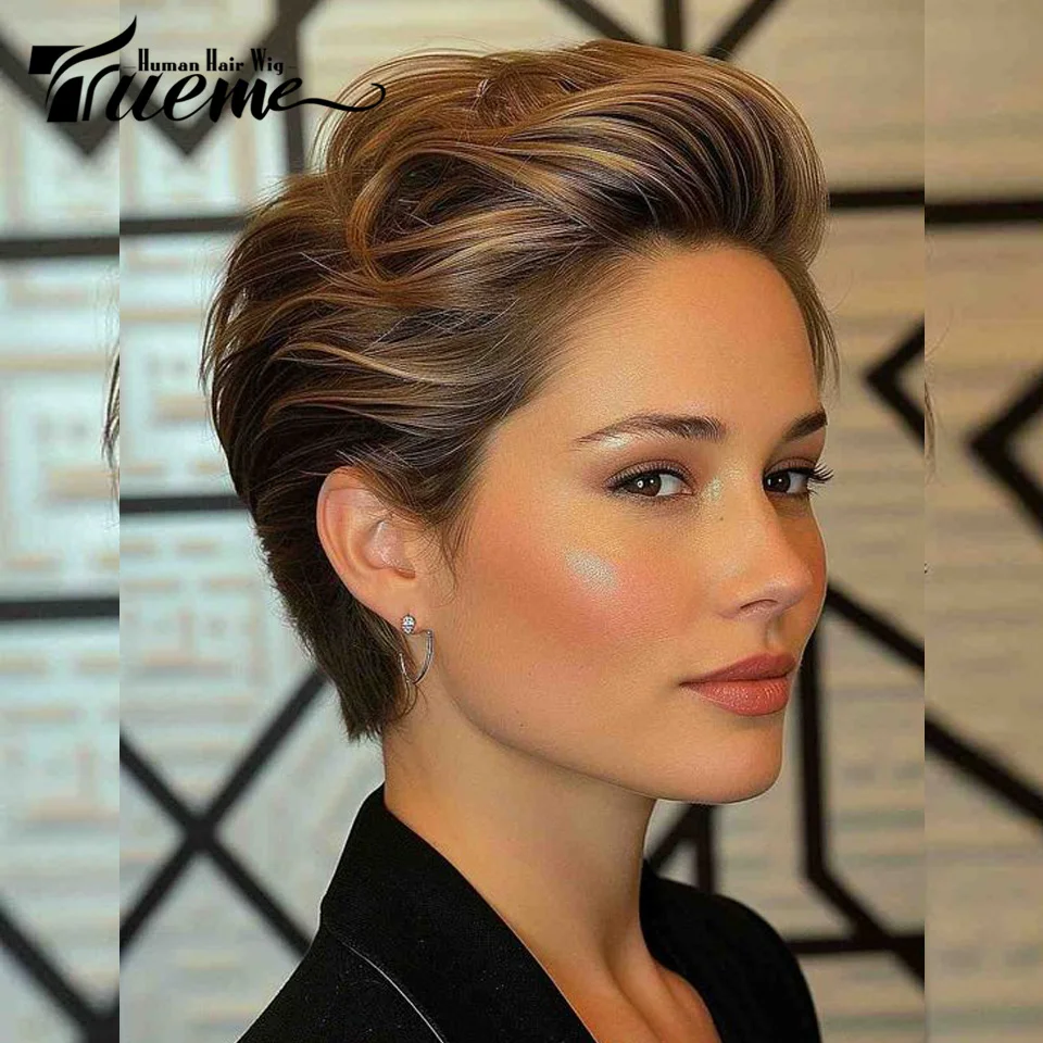 Trueme Ombre blond Pixie peruki z ludzkich włosów koronkowe peruki z przodu ludzkich włosów dla kobiet podkreślają brazylijską koronkową perukę z krótkimi ludzkimi włosami