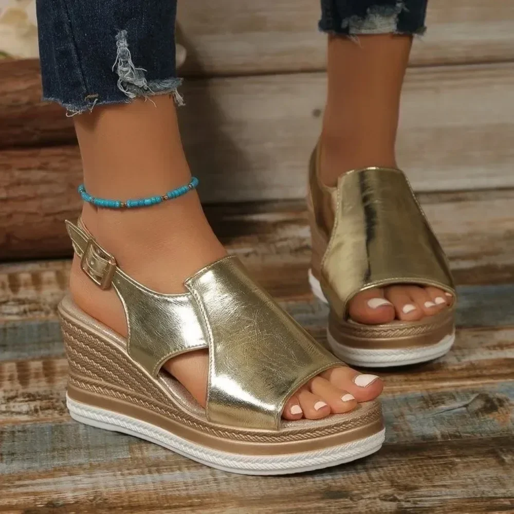 

2025 Summer Fashion Wedge Sandals for Women Solid Color Peep Toe Platform Sandals Plus Size 43 Woman Thick Sole Roman Sandals