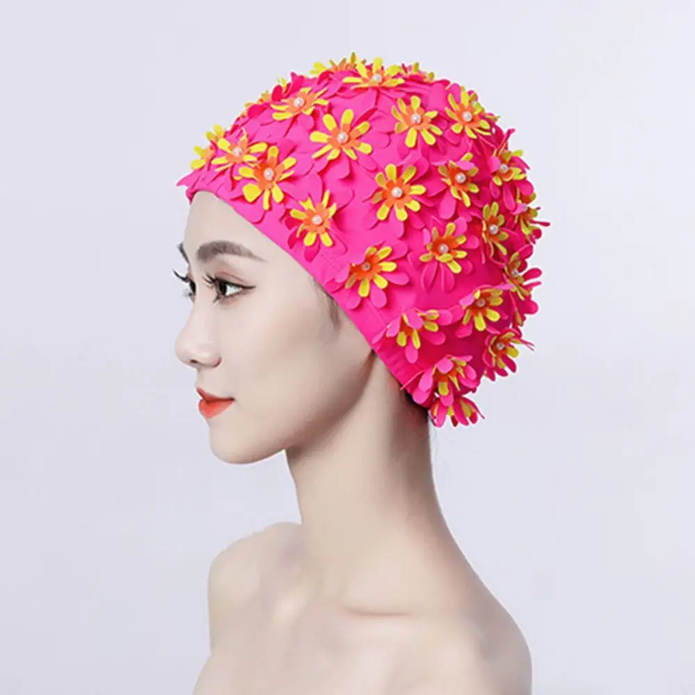 Pearl Floral Petal Swim Cap Long Hair Vintage Style Swimming Hat Lightweight Breathable Flower Swimming Cap Water Sports