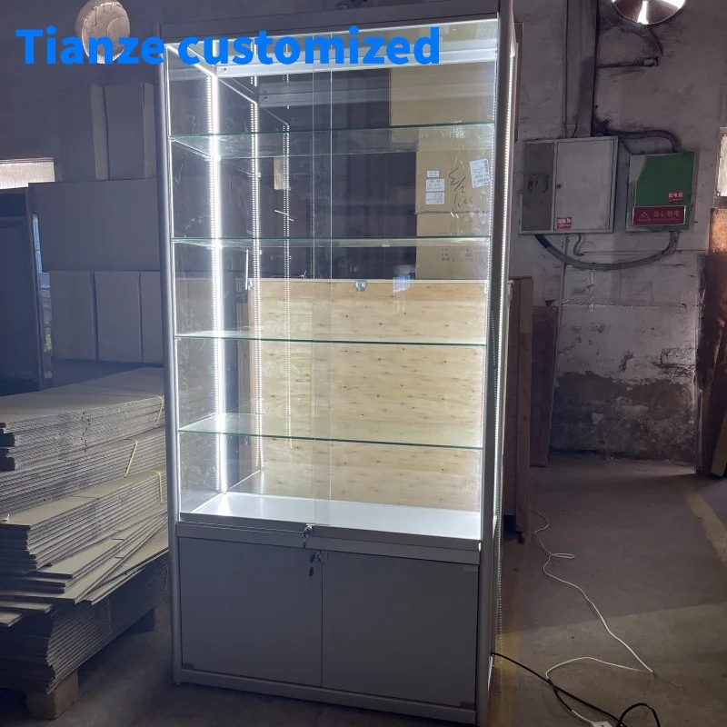 

(customized)Customized High Quality Commercial Modern Design Glass Display Tower Aluminum Frame Display With Shelves