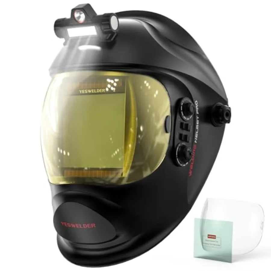 

Auto Darkening Welding Helmet with LED Light, Hemispherical lens 1/1/1/1 True Color 3.94"X3.66" Large Viewing 4 Arc Sensor Wide Shade 4/5-9/9-13 for TIG MIG ARC CUT and Grind Welder Mask