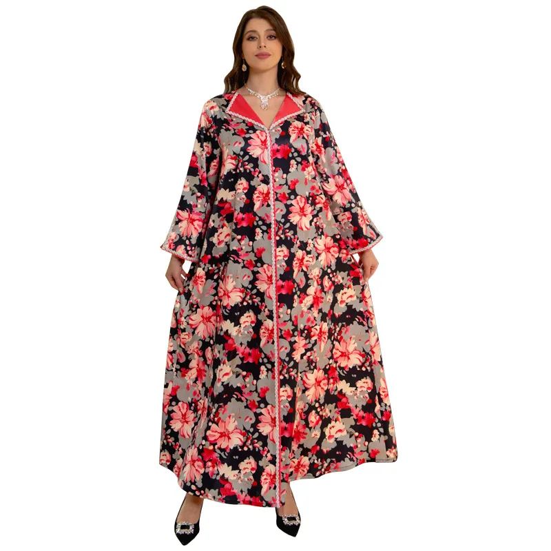 Vestido Hijab muçulmano para mulheres, Ramadan Abaya, Kaftan estampa floral vintage, vestidos luxuosos modestos de Dubai, diamante bordado, 2023