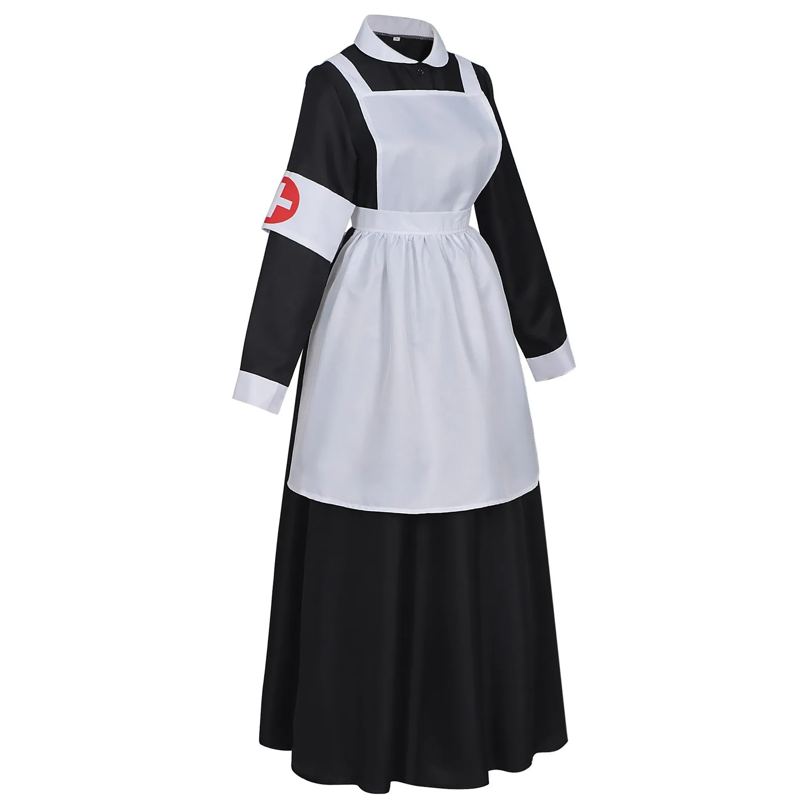 Damen Krankenschwester Nonne Kostüm mit Puffärmeln und weißer Schürze, Gothic Halloween Horror Party Cosplay Event Kirchen-Thema Outfit – Detail 8