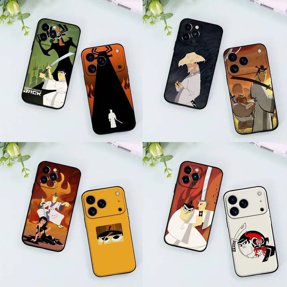 Capa de Celular Cartoon S-Samurai Jack Preta para iPhone 17/16/15/13/14 Pro Max/11 Plus/X/Xr/Xs Max/12 mini Modelos Compatíveis