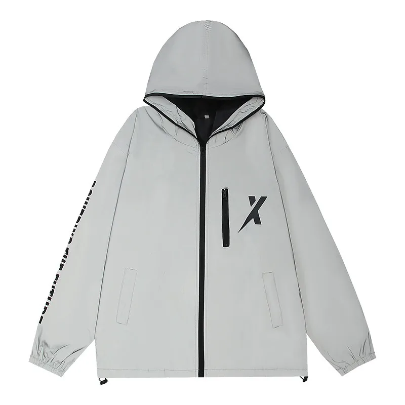 سترة عاكسة كاملة للرجال والنساء لركوب الدراجات سترة واقية بقلنسوة للجري الليلي والسلامة والرياضات الخارجية للجنسين ملابس معطف واق من المطر مقاوم للرياح #4