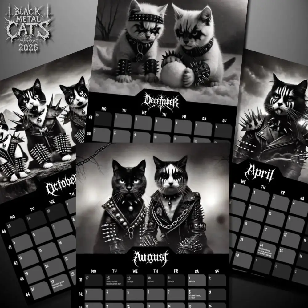 

New Year Black Metal Cats 2026 Wall Calendar Heavy Metal 2026 12 Months of Cats Art Planner Cat Lovers