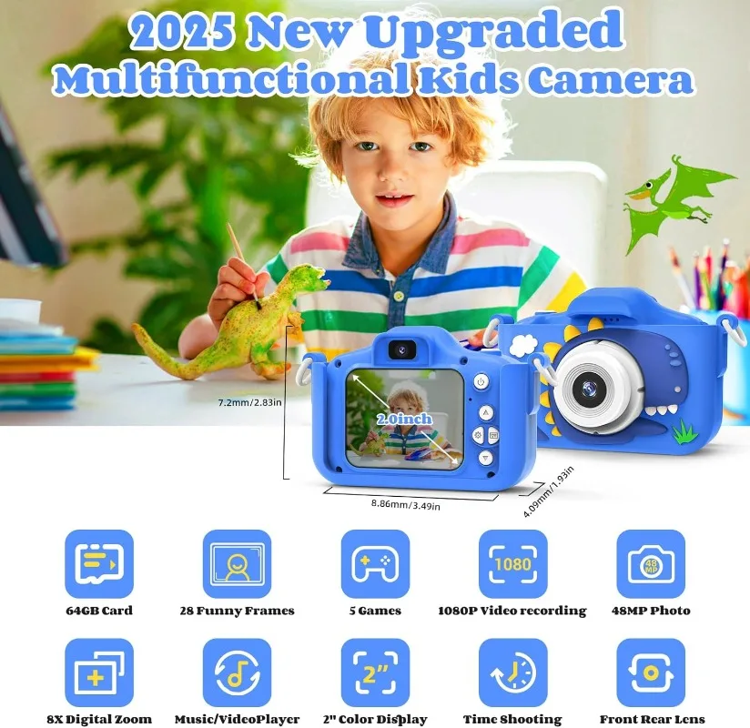 48MP 1080P-camera met dubbele lens voor kinderen voor meisjes en jongens (3-8 jaar), met 64GB SD-kaart - Perfect voor selfies, video's en geschenken