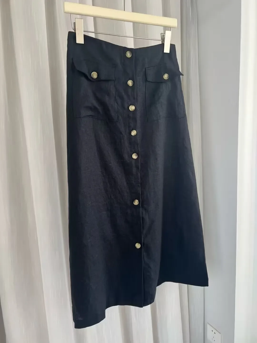 100% リネン女性カジュアルミディスカート 2 色シングルブレストハイウエストストレートファッションレディースジュープ