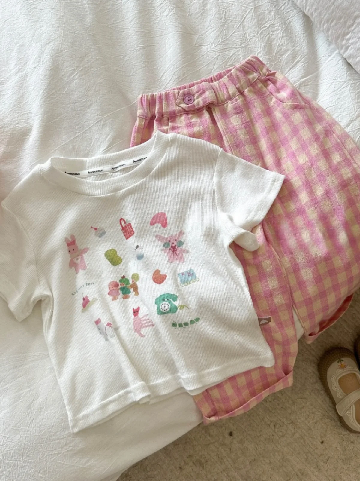 

Korean Sle Cartoon Print Girls' Outfit Casual Plaid Two-Piece Set Spring Summer New Arrival Versatile Children's Wear