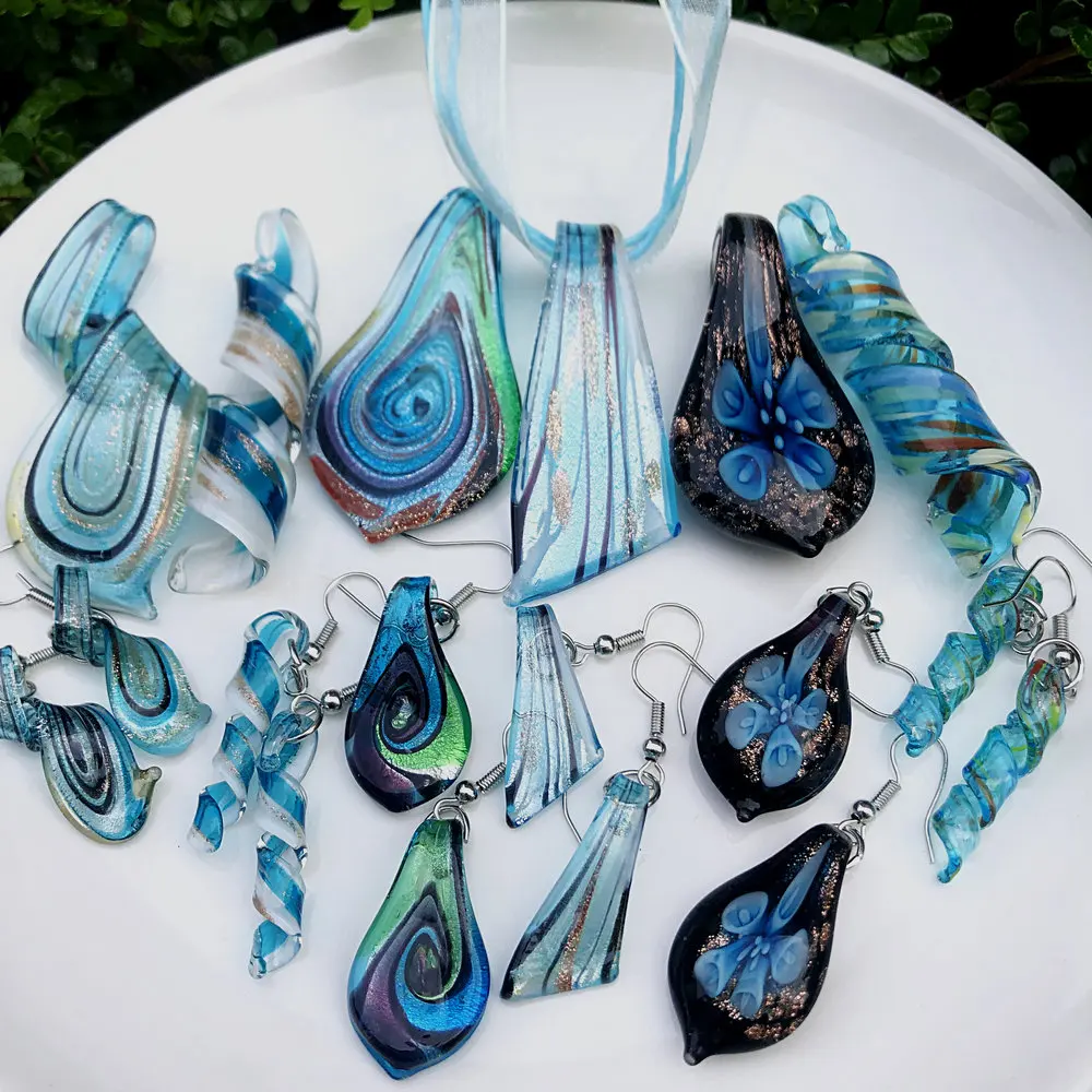 

6 Set Blue Glass Ribbon Muran Lampwork Crystal Pendant Necklace Earring Set For Women Clothing Elegant Romantic Jewelry