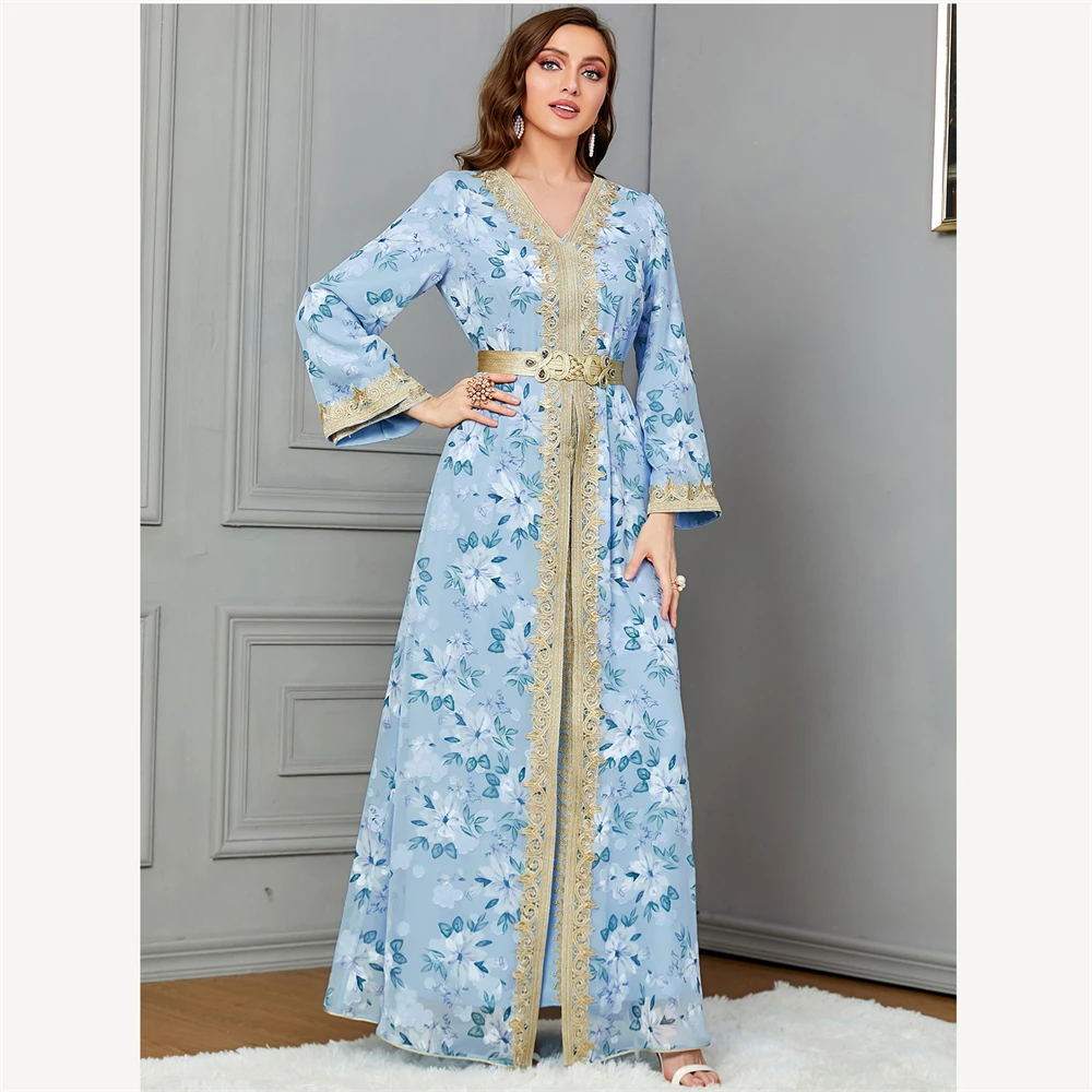 

Ramadan Floral Print Abayas for Women Muslim 2 Piece Dress Matching Set Dubai Kaftan Turkey Robe Islam Jalabiya Eid Djellaba New