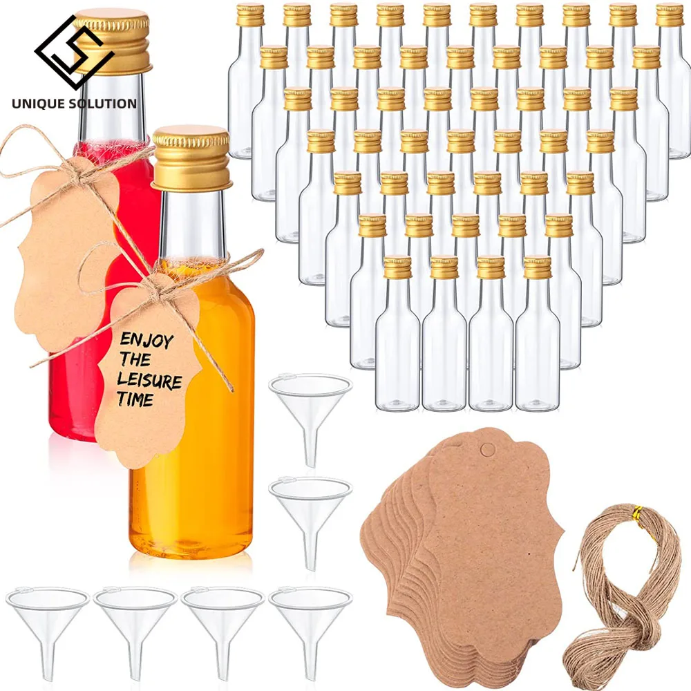 100X Mini Liquor Bottles 1.7oz Plastic Shot Bottle Empty Spirit Bottle Small Alcohol Bottle with Caps, Funnels Tags and Ropes