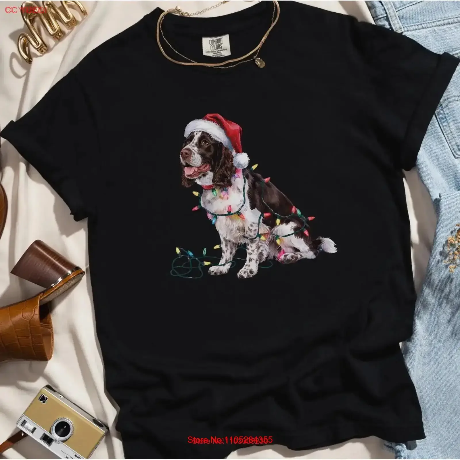 Weihnachts-T-Shirt mit Springer Spaniel-Motiv, Lichter, Hundemama für Liebhaber, Vintage-Stil, gewaschen, modisch, für Herren, atmungsaktiv, dehnbar, Streetwear
