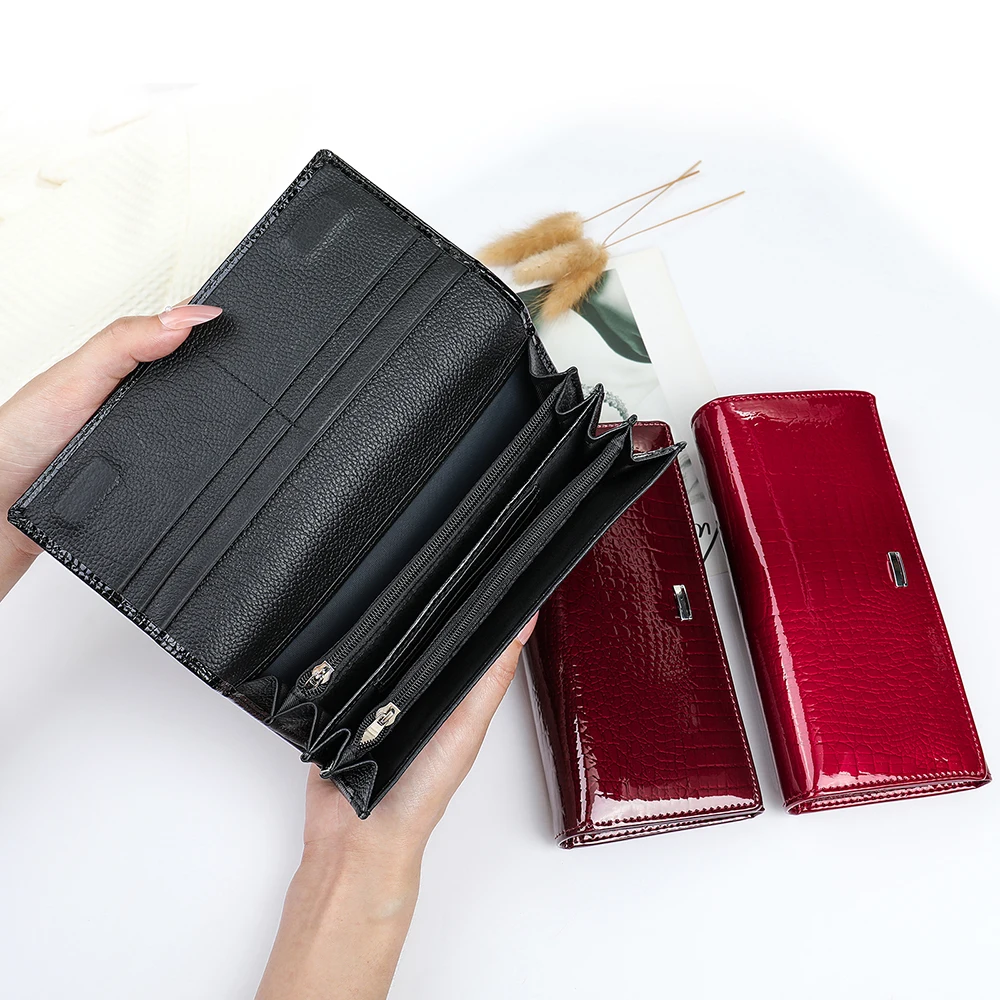 

Genuine leather wallet for women, long style, fashionable coin purse, red color, trendy