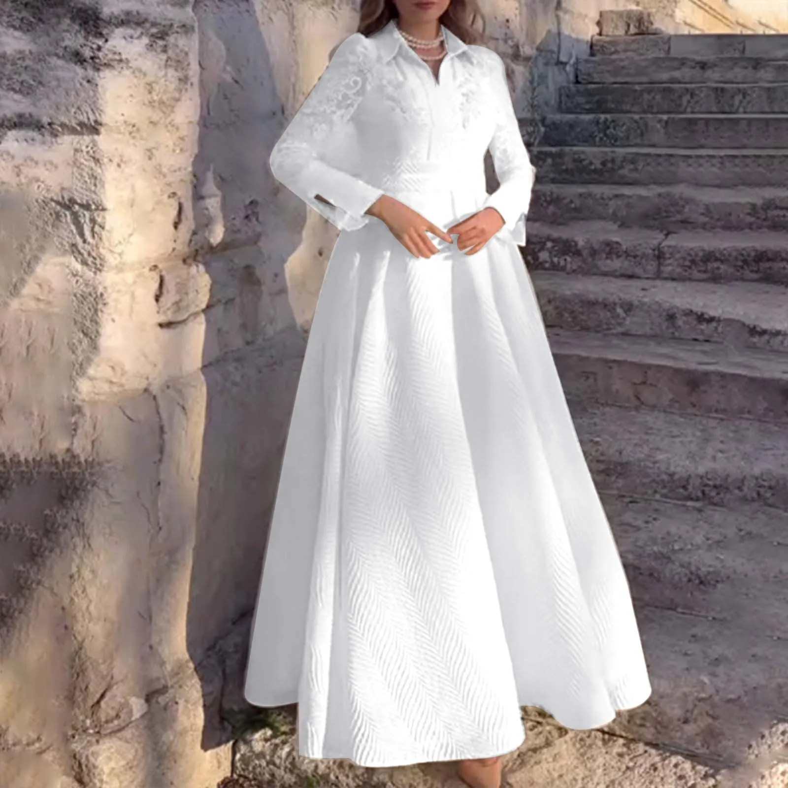 

French Retro Long Sleeved Fashionable Slim Fitting Dress Evening Wedding for Women White Front Chest Bead Flower Bud Silk Gauze