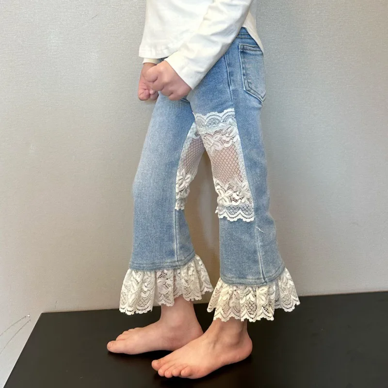 2024 Korea Kids Girl Jeans Baby Girls Cute Lace Patchwork Bell Bottoms Toddler Sweet Pants Denim Trousers Blue Jeans 2-8y