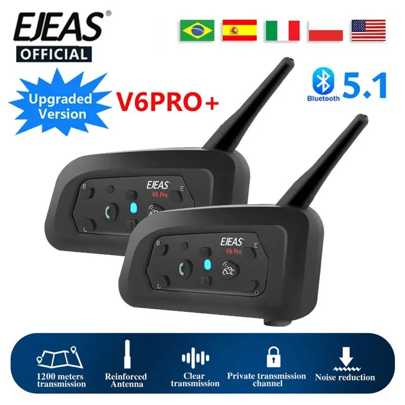 EJEAS V6 PRO Bluetooth Motocicleta Intercom Capacete Headset 6 Cavaleiros 1200m Comunicador Interphone + Metal Splint