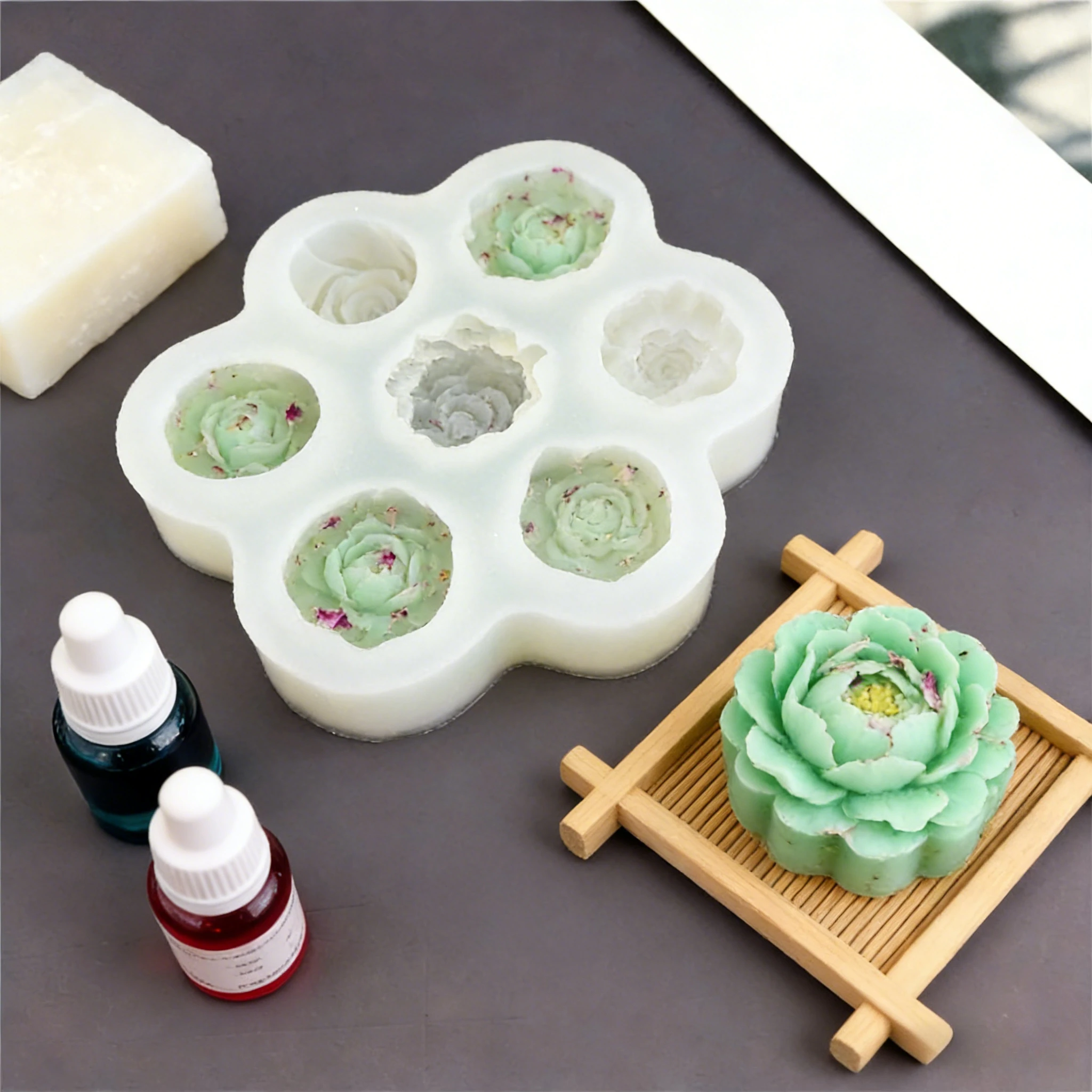 

7 Cavity 3D Rose Peony Silicone Mold Food Grade Flower Shaped Mould For DIY Candle Gypsum Soap Resin Craft Chocolate
