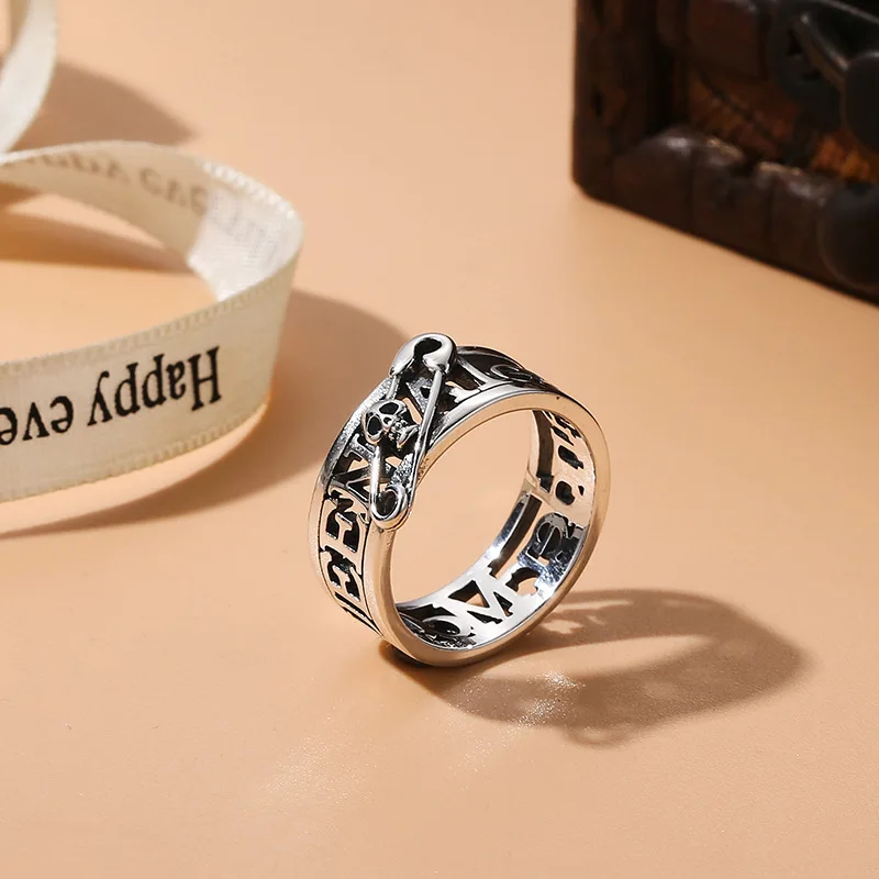 S925 silver skull ring men's hip-hop personalized punk style pin creative design distressed thai silver ring wholesale