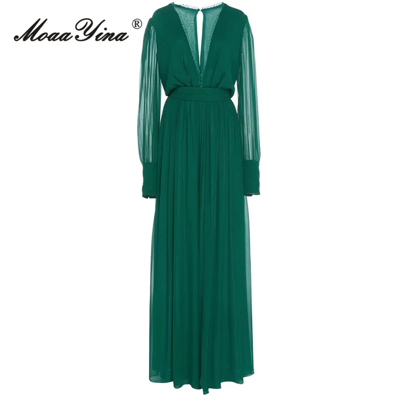 MoaaYina Autumn Fashion Designer Green Vintage Jumpsuit Women's Sexy Deep V Neck Long Sleeve Lace Loose Wide Leg Long Jumpsuit